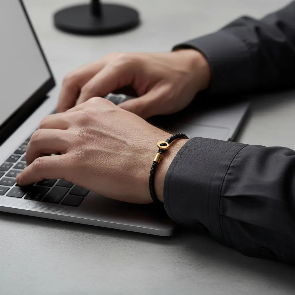 Pulseira de couro preta com detalhes dourados usada no pulso enquanto a pessoa digita em um notebook.
