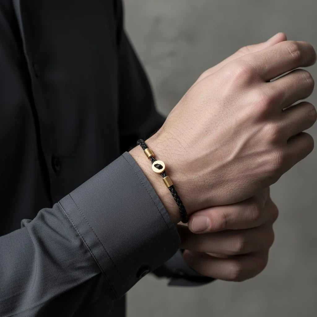 Pulseira de couro preta com detalhes dourados sendo usada no pulso, com a outra mão apoiando o braço em fundo neutro.