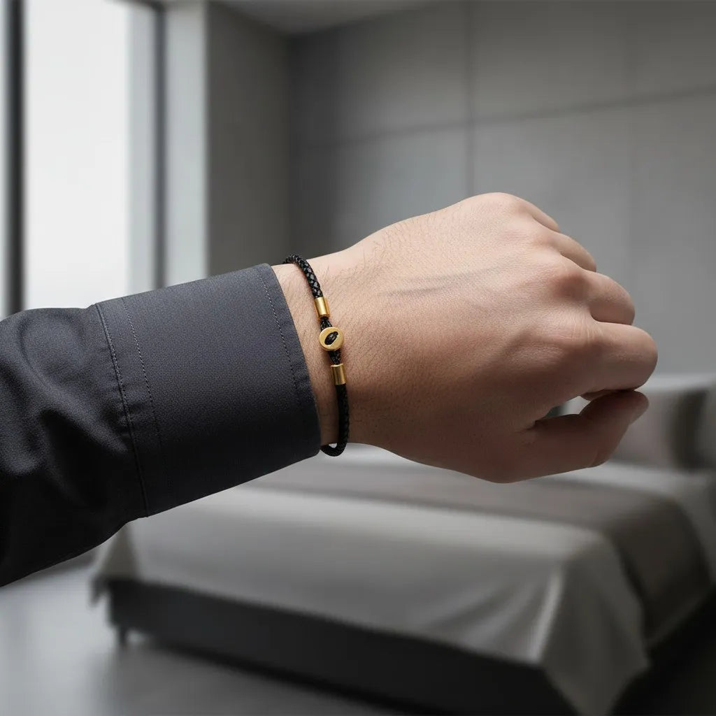 Pulseira de couro preta com detalhes dourados usada no pulso, em ambiente interno com cama ao fundo.