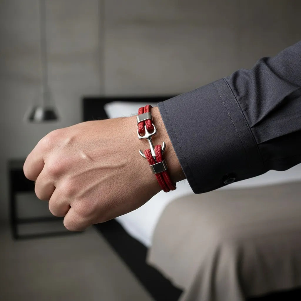 Pulseira de couro vermelha com âncora em metal prateado no pulso masculino, com camisa social escura e ambiente interno elegante ao fundo.