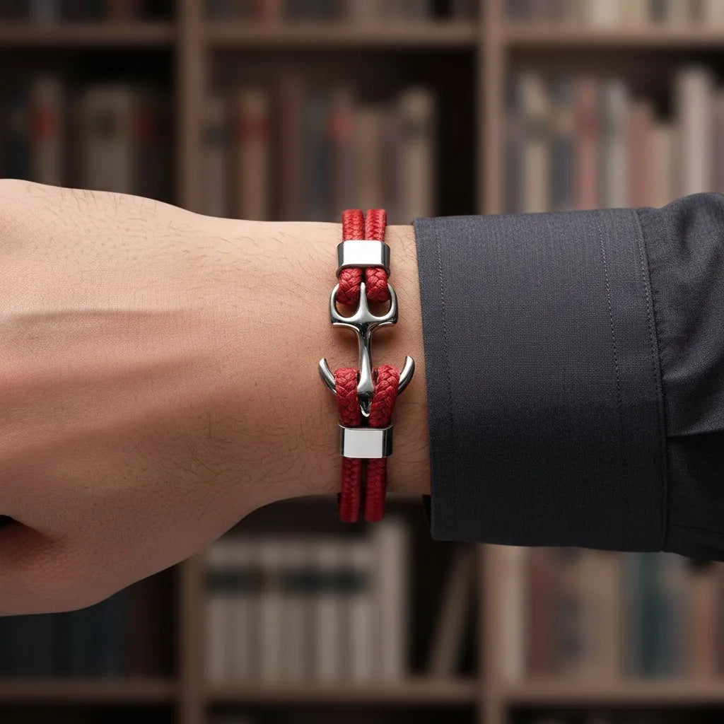 Close frontal da pulseira de couro vermelha com âncora em metal prateado no pulso, com estante desfocada ao fundo.
