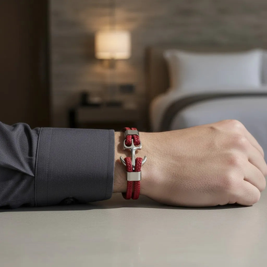 Pulseira de couro vermelha com âncora em metal prateado no pulso masculino, em ambiente interno com cama ao fundo.