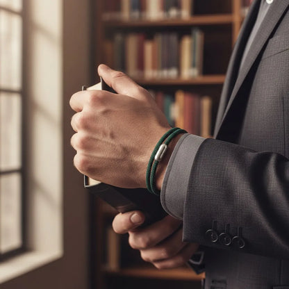 Homem usando pulseira masculina de corda verde com volta dupla e fecho metálico prateado em uma biblioteca.