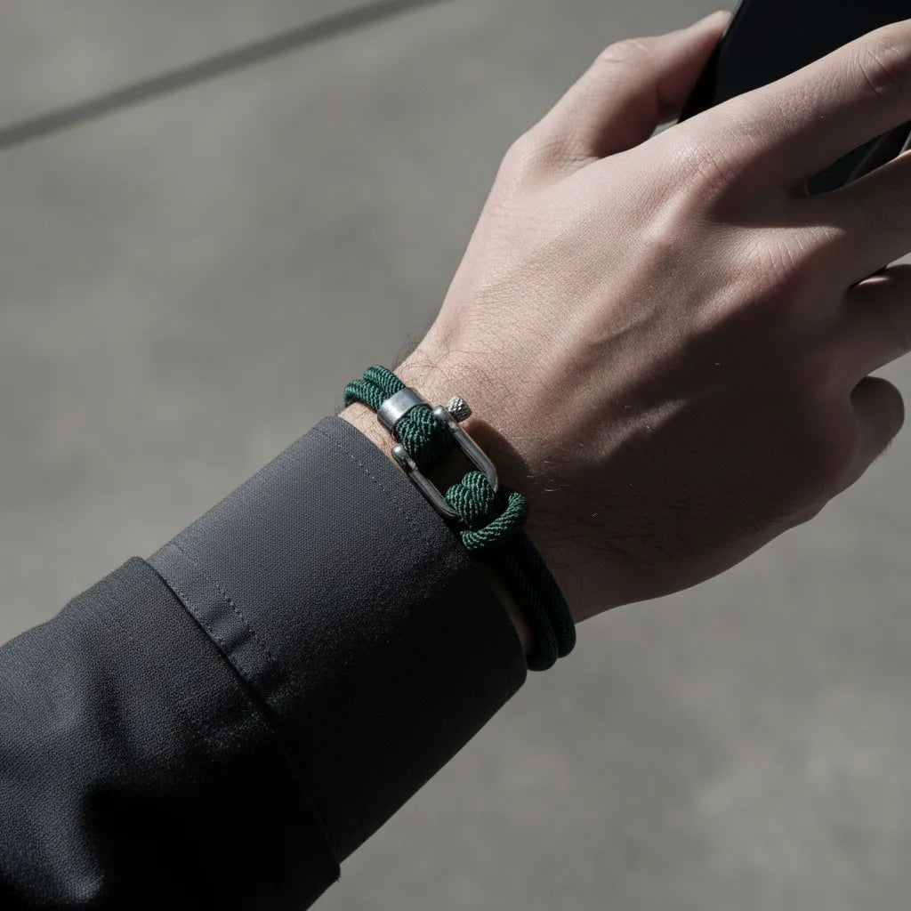 Homem usando celular e pulseira masculina de corda verde com fecho metálico prateado.