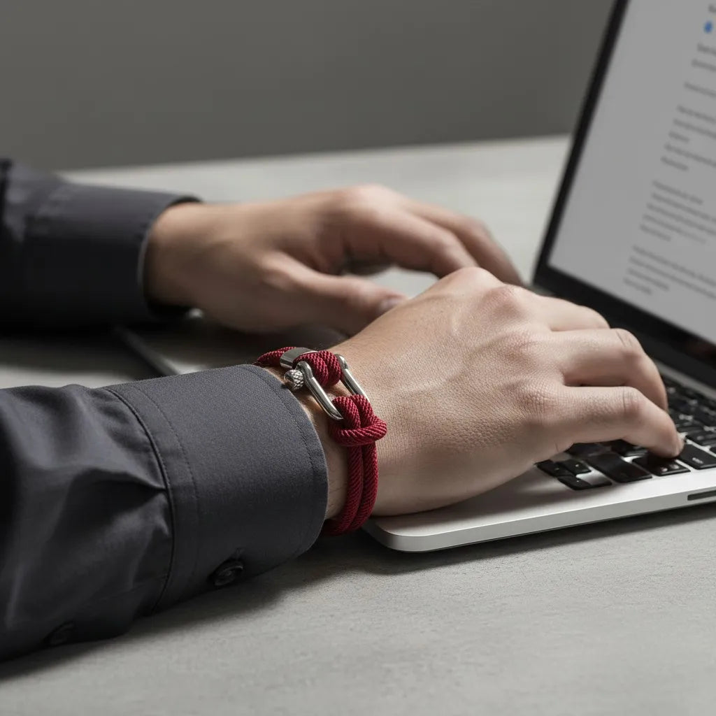 Homem trabalhando no notebook e usando pulseira masculina de corda vermelha com fecho metálico prateado.