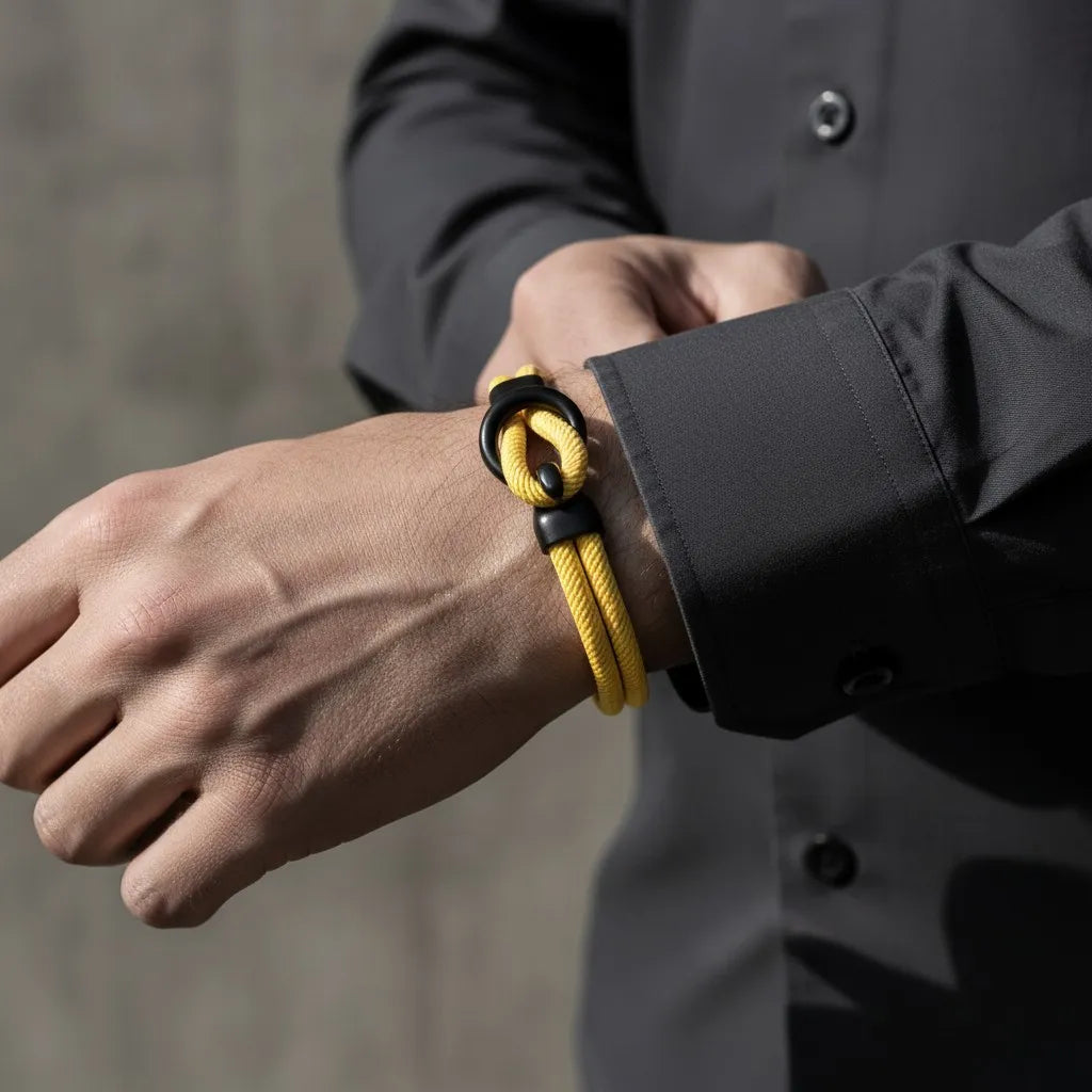 Close de pulseira masculina de corda amarela com fecho circular preto usada com camisa social.