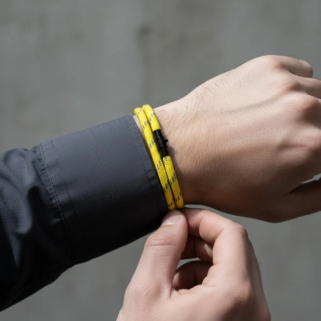 Close da pulseira masculina de corda amarela com volta dupla e fecho preto sendo ajustada no pulso.