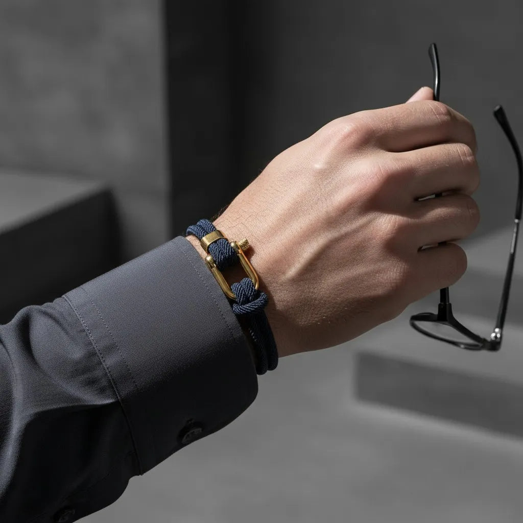 Close da pulseira masculina de corda azul com fecho dourado no pulso de um homem segurando óculos.
