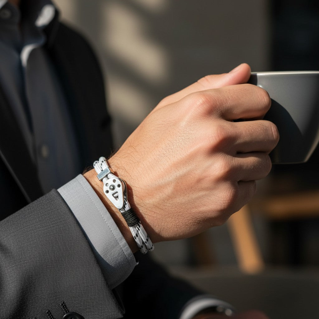 Pulseira masculina de corda branca com detalhes pretos e peça central prateada, usada enquanto o homem segura uma xícara.