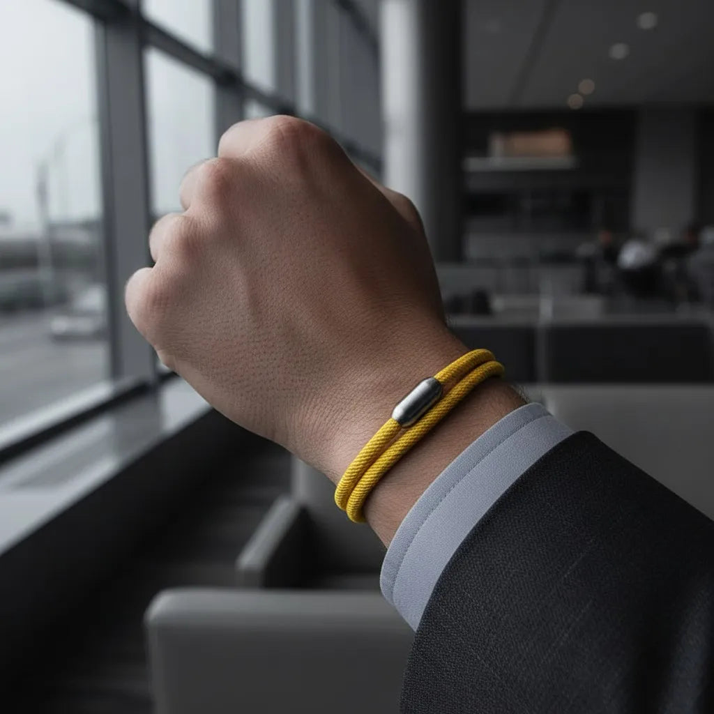 Close da pulseira masculina de corda amarela com volta dupla e fecho metálico prateado em ambiente executivo.