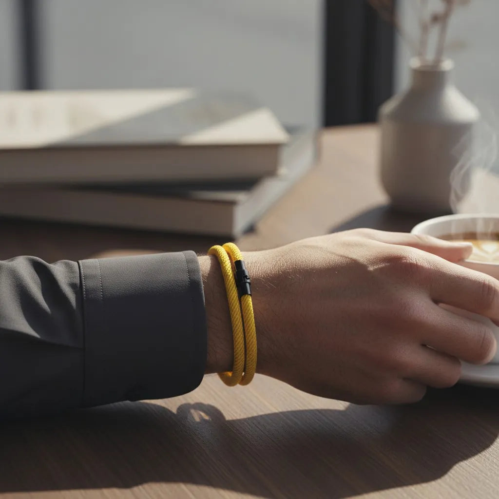 Detalhe de pulseira masculina de corda amarela de volta dupla durante um café.