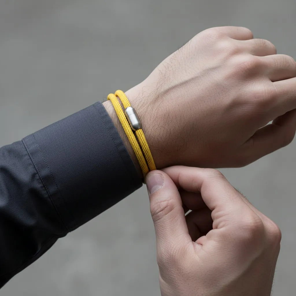 Close da pulseira masculina de corda amarela com volta dupla, design minimalista e fecho metálico prateado.