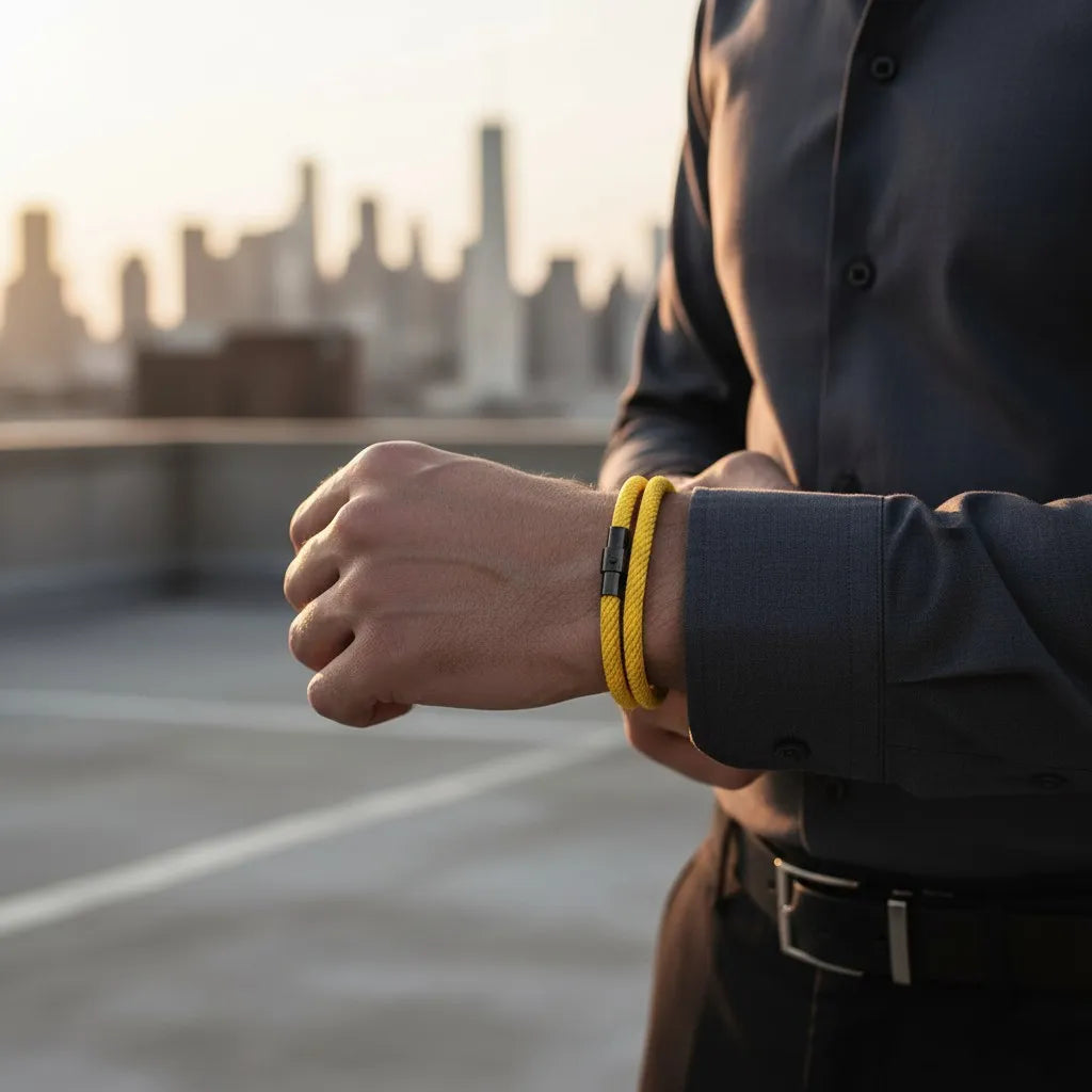 Homem usando pulseira masculina de corda amarela com paisagem urbana ao fundo.
