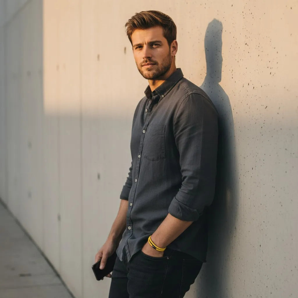 Homem com camisa social usando pulseira masculina de corda amarela com fecho preto.