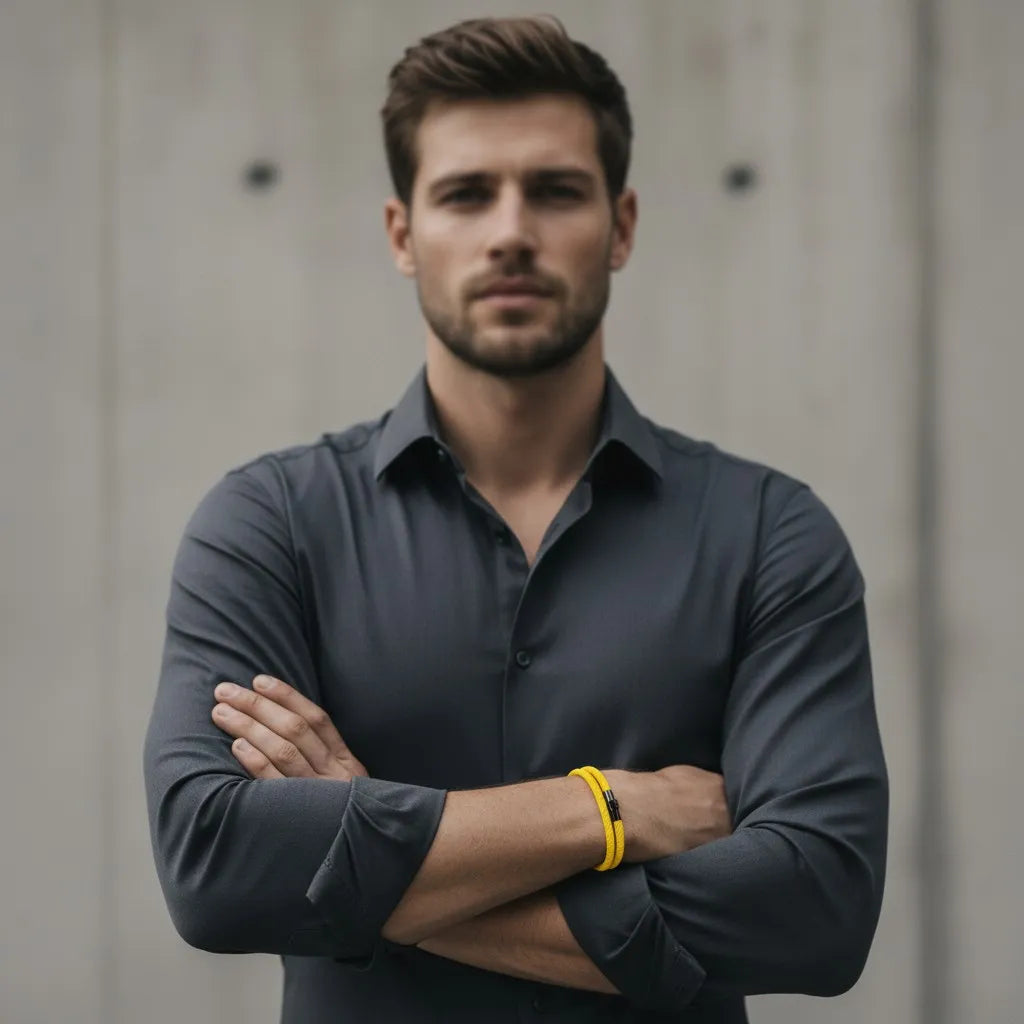 Modelo masculino de braços cruzados usando pulseira de corda amarela com fecho preto.