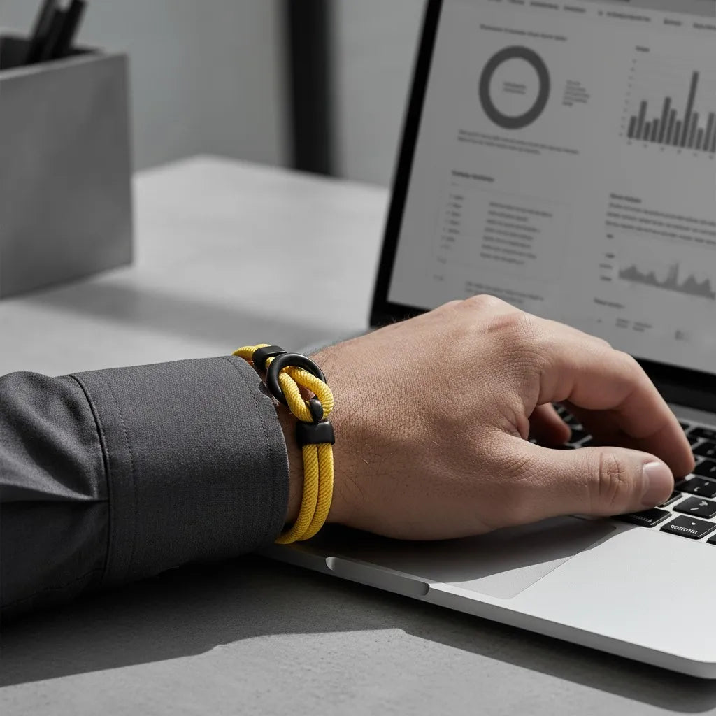 Homem usando pulseira masculina de corda amarela com detalhe circular preto enquanto trabalha no notebook.