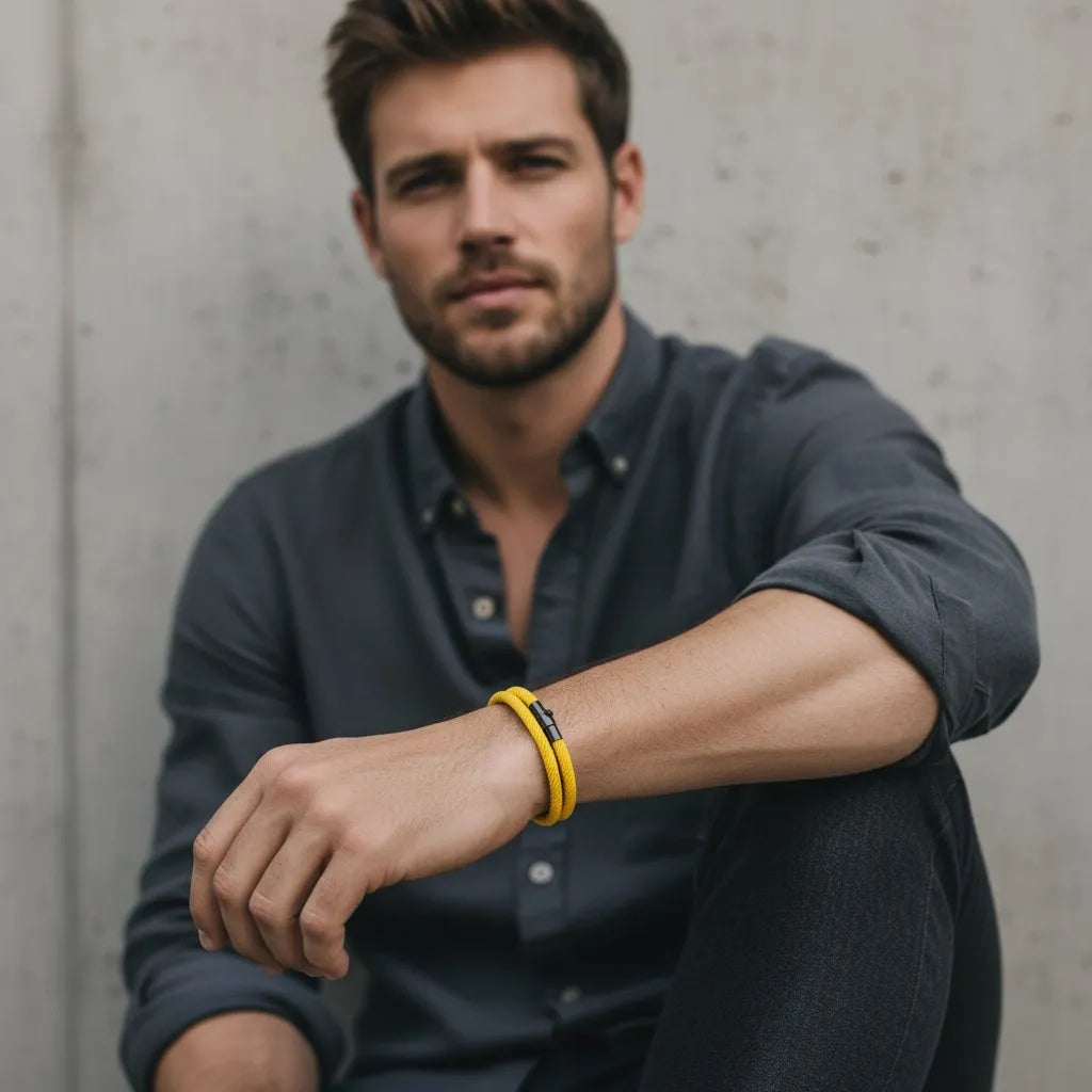 Modelo masculino sentado exibindo pulseira de corda amarela de volta dupla no pulso.