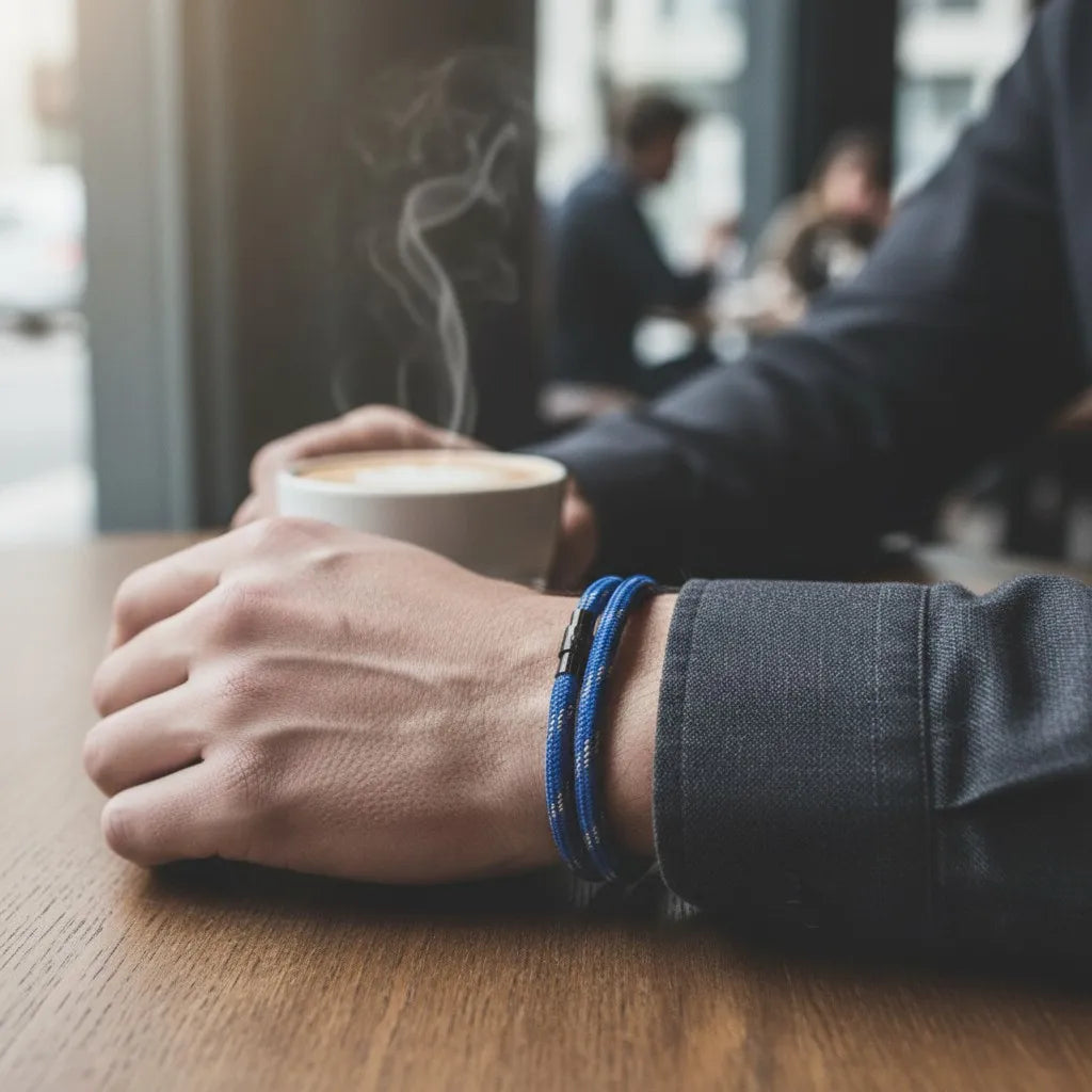Homem usando pulseira masculina de corda azul com fecho metálico preto enquanto segura uma xícara de café.