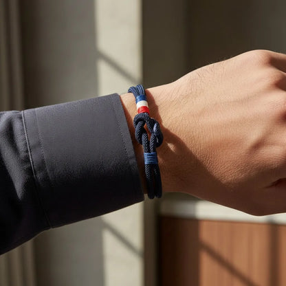 Close da pulseira masculina de corda azul-marinho com nó central e detalhes em azul, branco e vermelho no pulso.