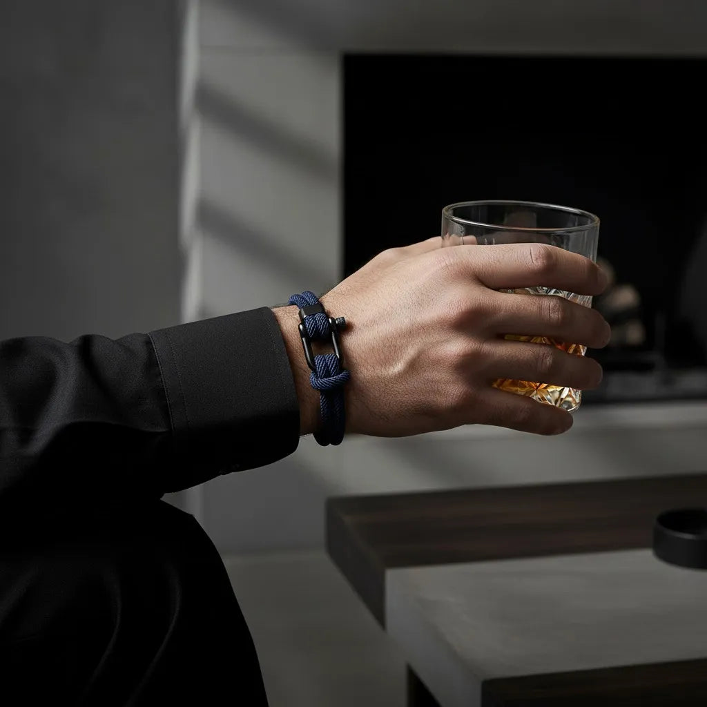 Homem segurando um copo enquanto usa pulseira masculina de corda azul com fecho preto no pulso.