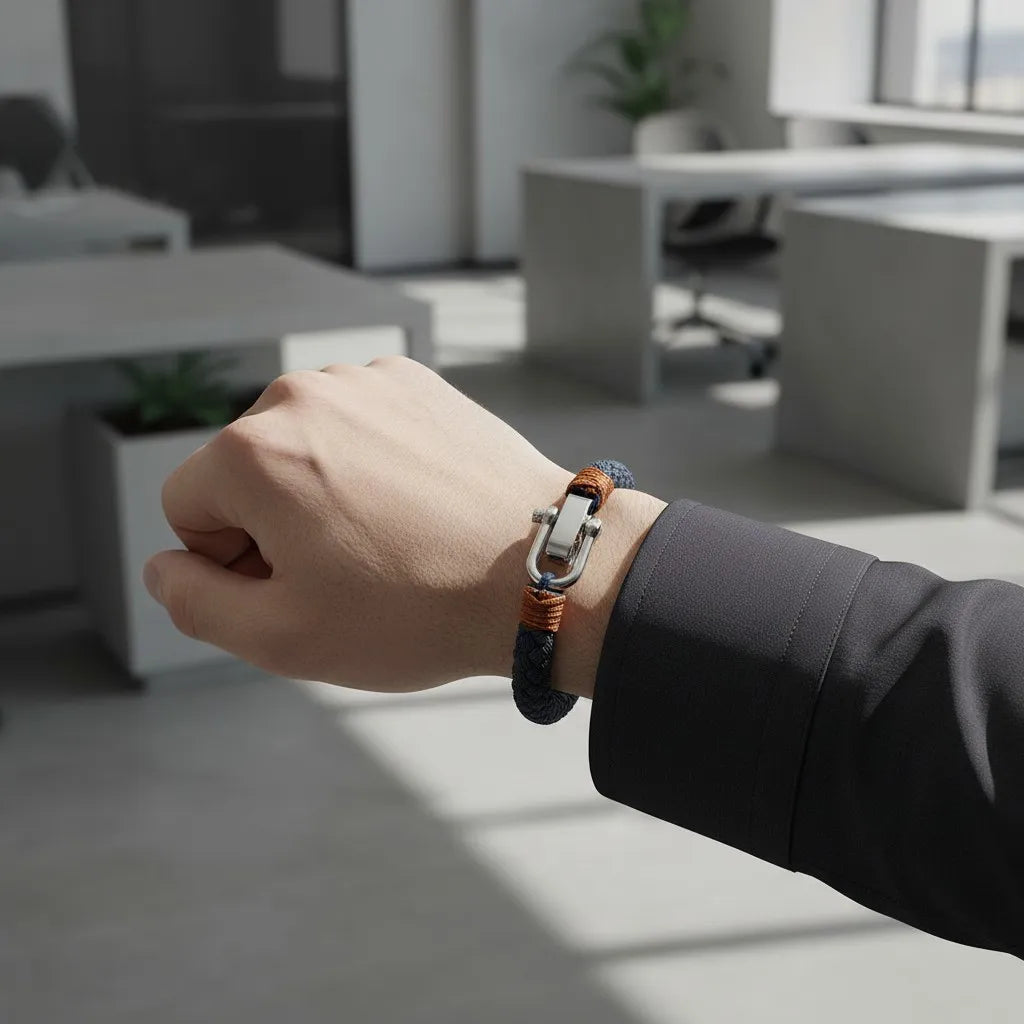 Close no pulso com pulseira masculina de corda azul, detalhes laranja e fecho metálico prateado em ambiente de escritório.