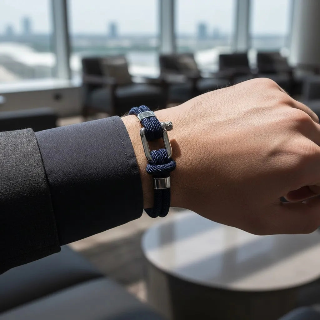 Detalhe de pulseira masculina de corda azul-marinho com fecho metálico prateado em um aeroporto.
