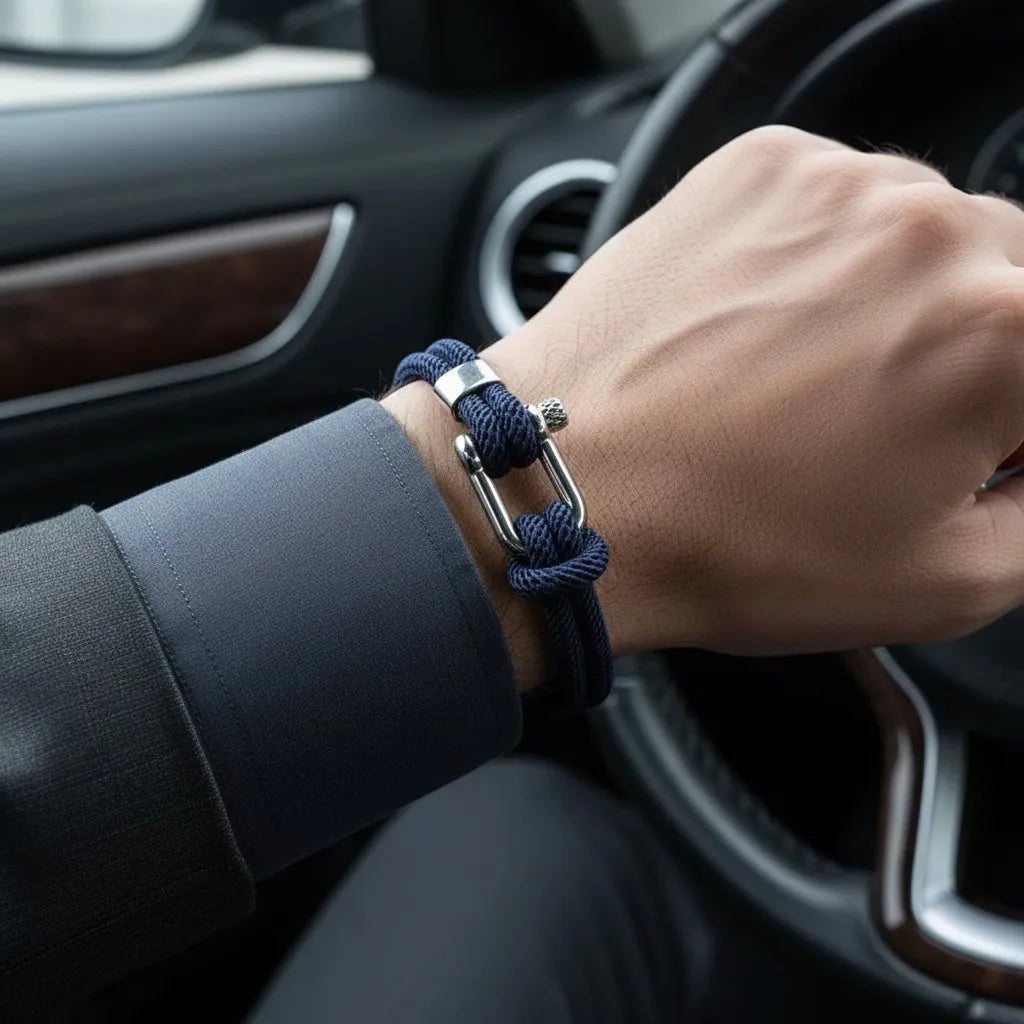 Detalhe de pulseira masculina de corda azul-marinho com fecho metálico prateado dentro de um carro.