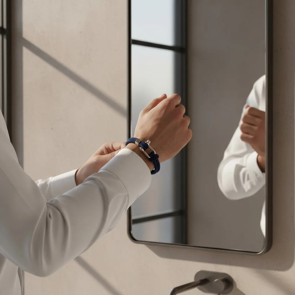 Homem ajustando pulseira masculina de corda azul-marinho com fecho prateado diante do espelho.
