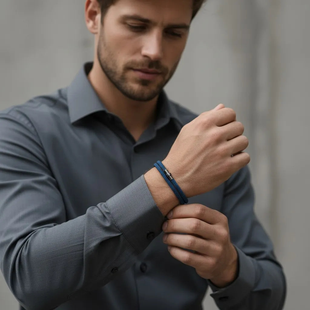 Modelo masculino com camisa social usando pulseira de corda azul-marinho no pulso.
