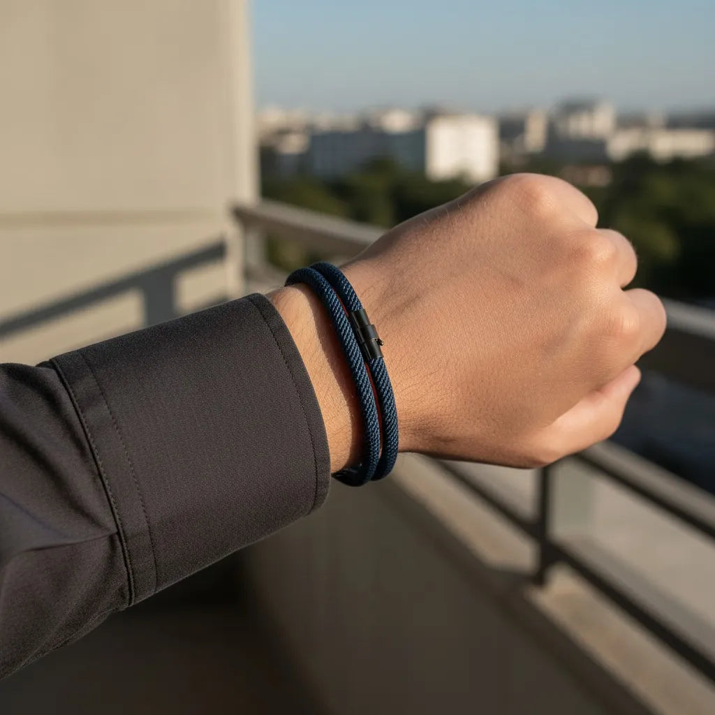 Homem usando pulseira masculina de corda azul-marinho com fecho preto em uma varanda.