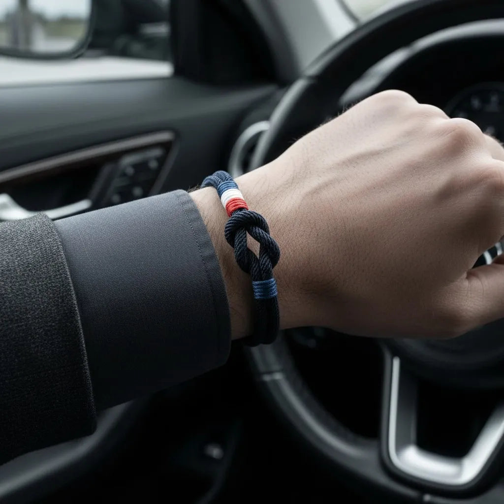 Pulseira masculina de corda azul-marinho com nó central e detalhes em azul, branco e vermelho, usada no pulso dentro de um carro.