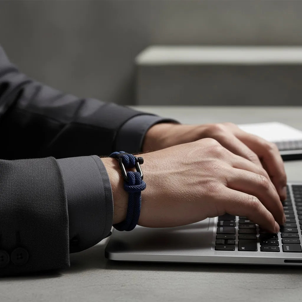 Homem digitando no notebook enquanto usa pulseira masculina de corda azul com fecho preto.