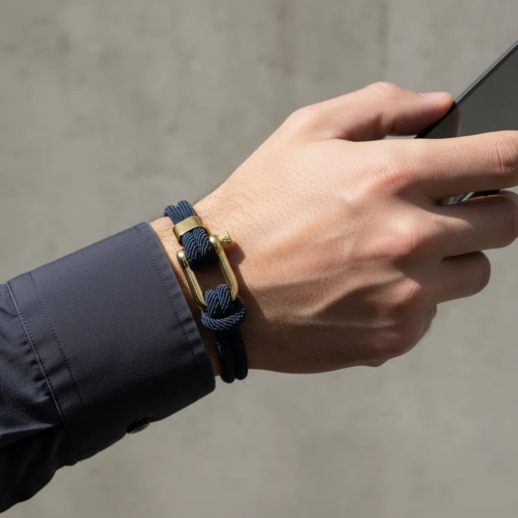 Homem usando pulseira masculina de corda azul com fecho dourado enquanto segura um celular.