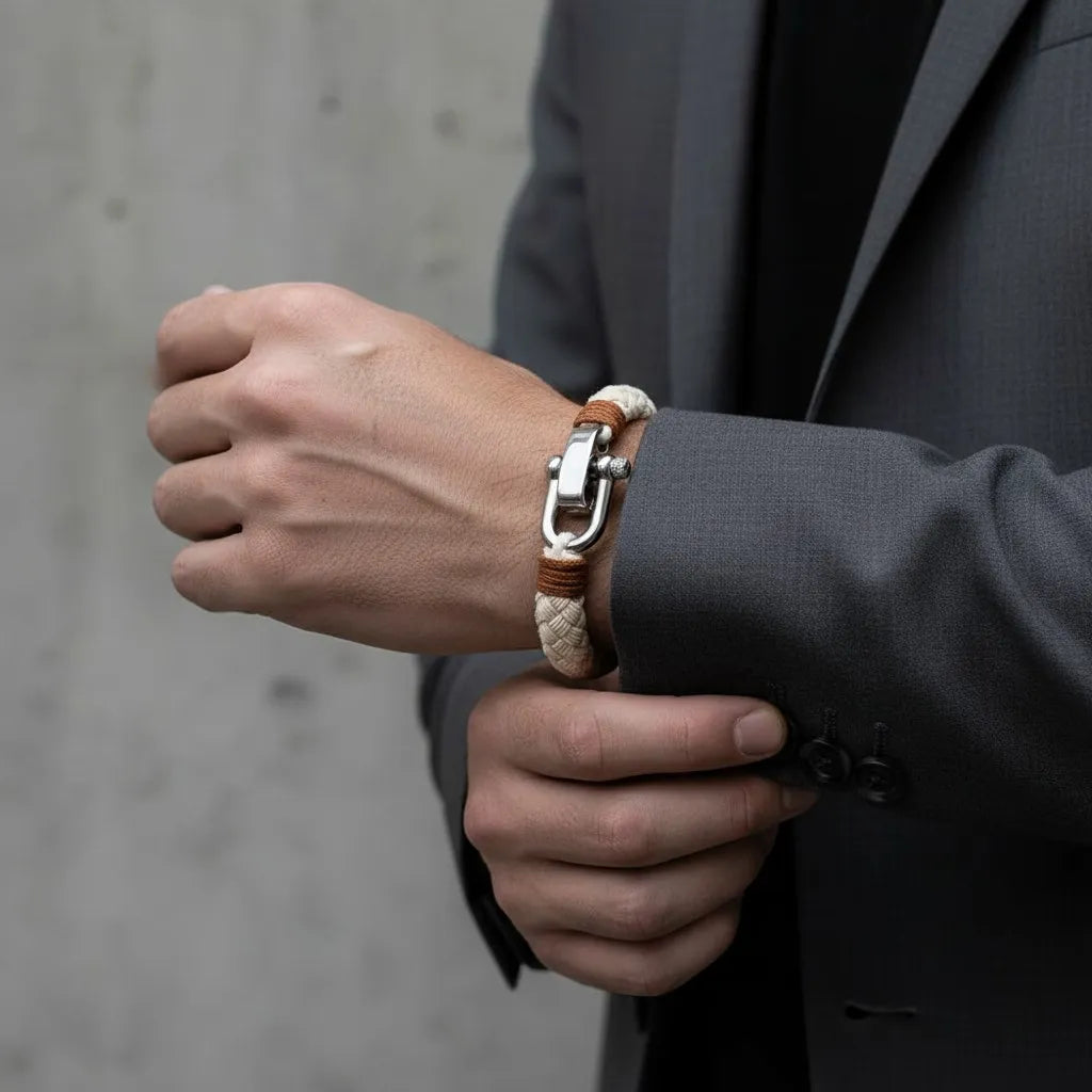 Homem ajustando a manga enquanto usa pulseira masculina de corda bege com detalhes marrons e fecho metálico prateado.
