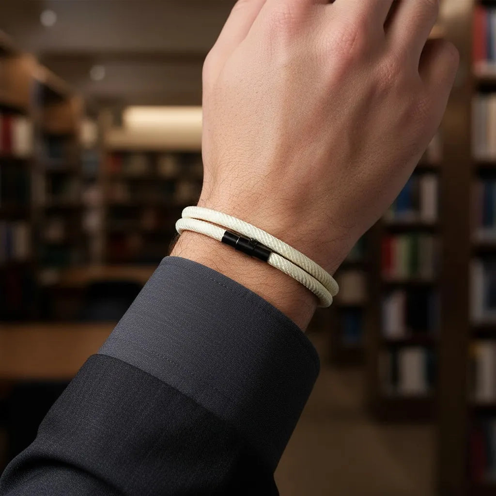 Detalhe de pulseira masculina de corda branca de volta dupla no pulso em uma biblioteca.