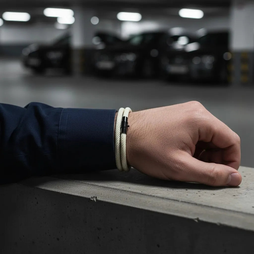 Pulseira masculina de corda branca de volta dupla no pulso em um estacionamento.