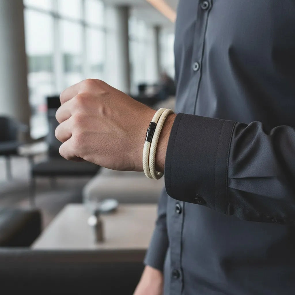 Homem com camisa social usando pulseira masculina de corda branca com fecho preto.