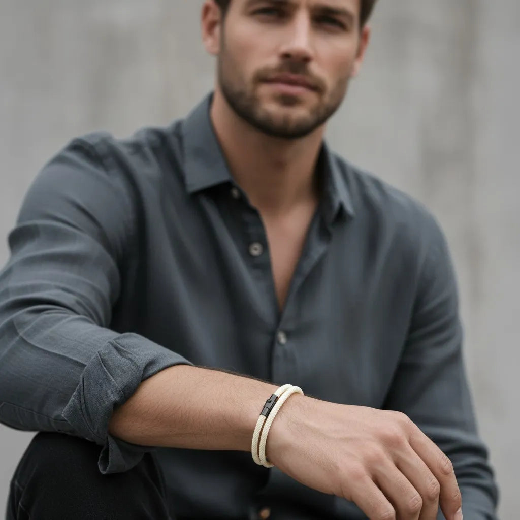 Homem com camisa cinza usando pulseira masculina de corda branca com fecho preto.