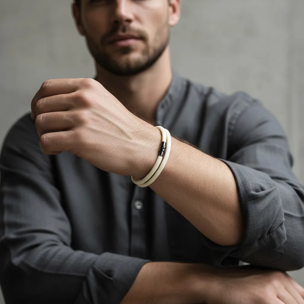 Modelo masculino exibindo pulseira de corda branca de volta dupla no pulso.