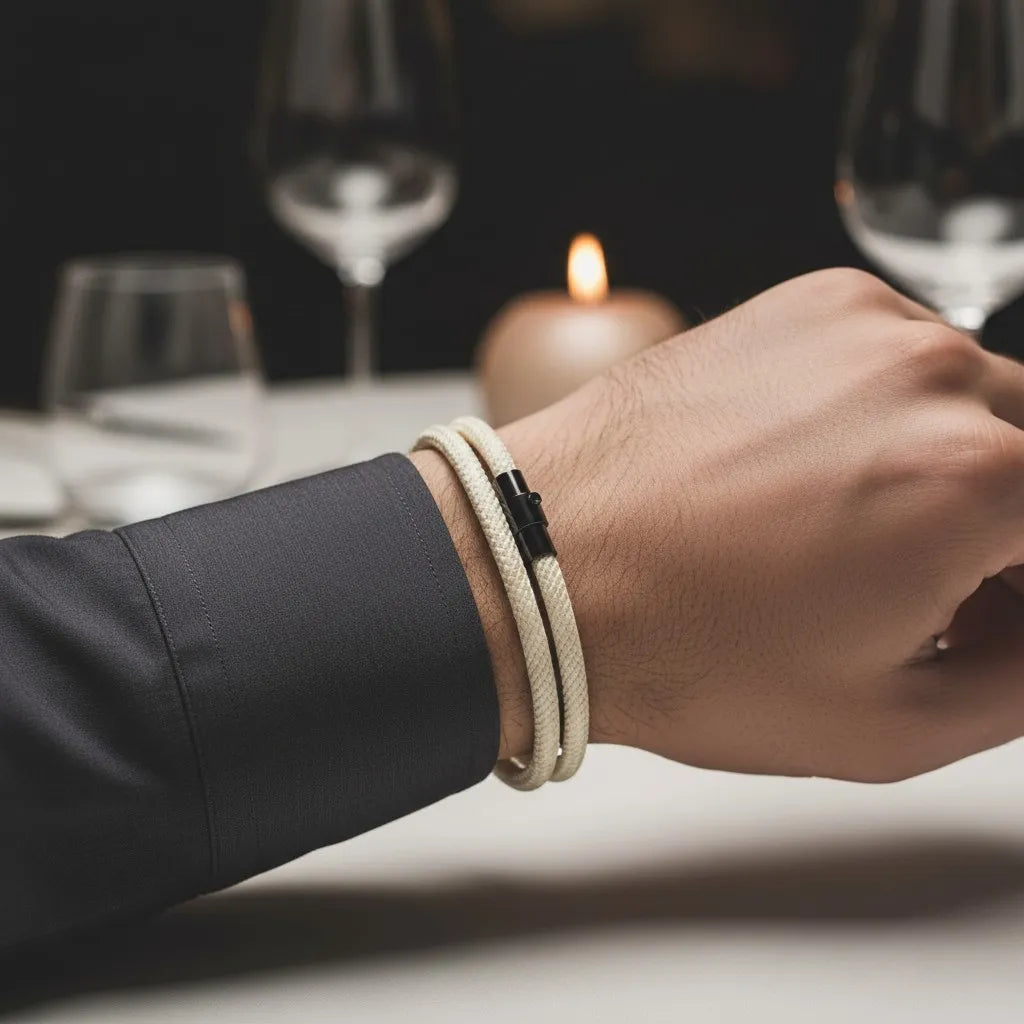 Homem usando pulseira masculina de corda branca com fecho preto em um restaurante.