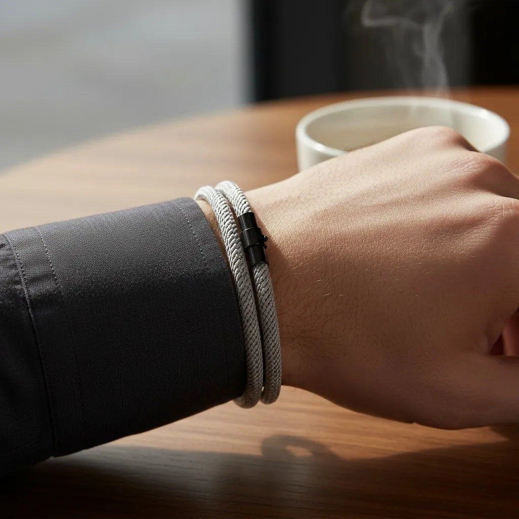 Homem usando pulseira masculina de corda cinza de volta dupla durante um café.