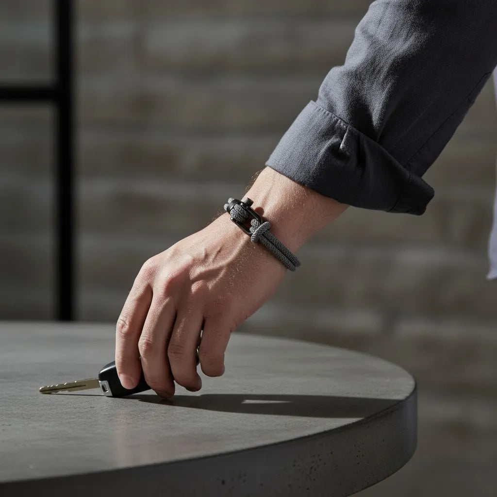 Homem pegando chave de carro enquanto usa pulseira masculina de corda cinza com fecho preto no pulso.
