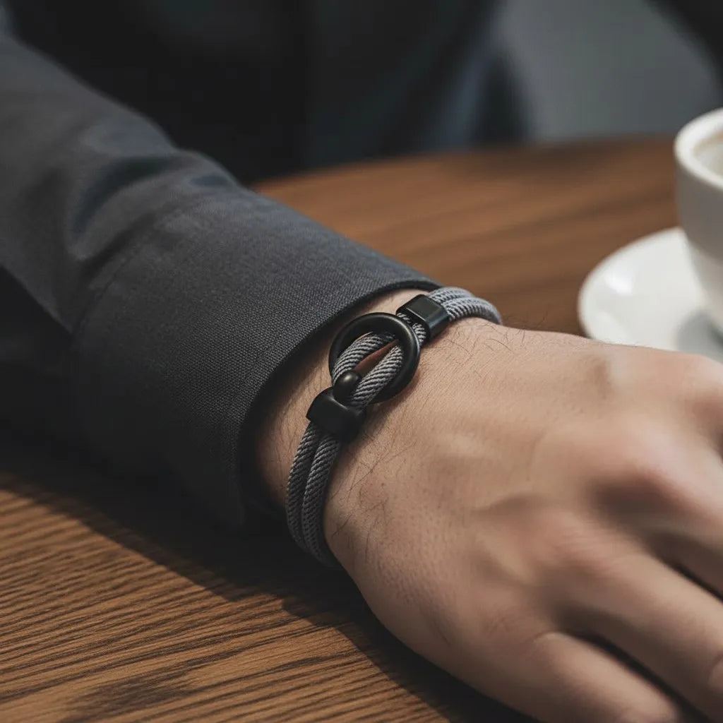 Close de pulseira masculina de corda cinza com detalhe circular preto no pulso sobre mesa de madeira.