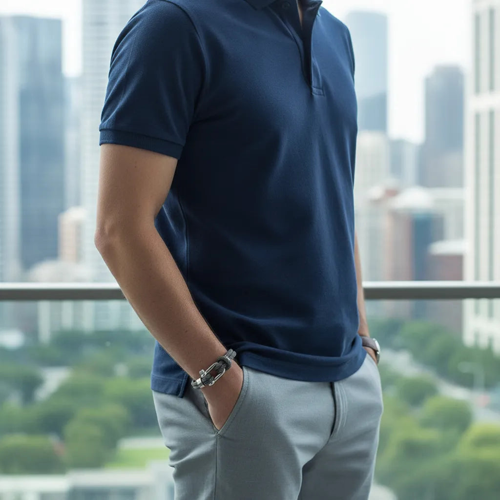 Homem com camisa polo usando pulseira masculina de corda cinza diante de uma paisagem urbana.