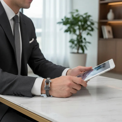 Homem de terno usando pulseira masculina de corda cinza enquanto segura um tablet.
