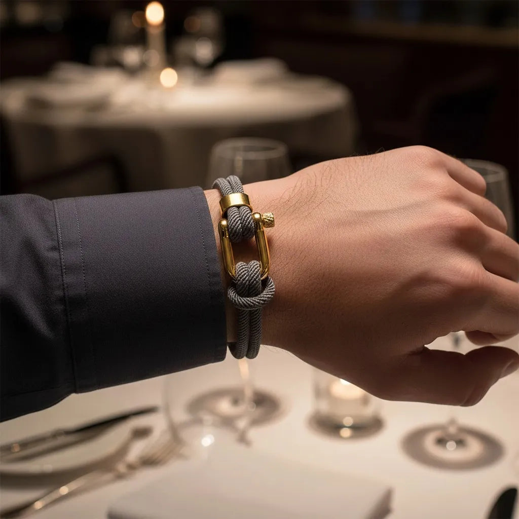 Homem usando pulseira masculina de corda cinza com fecho dourado durante um jantar em ambiente elegante.