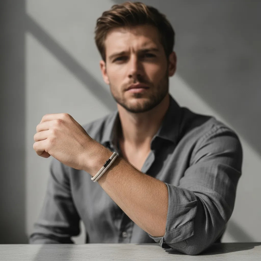 Homem com camisa cinza usando pulseira masculina de corda cinza com fecho preto.