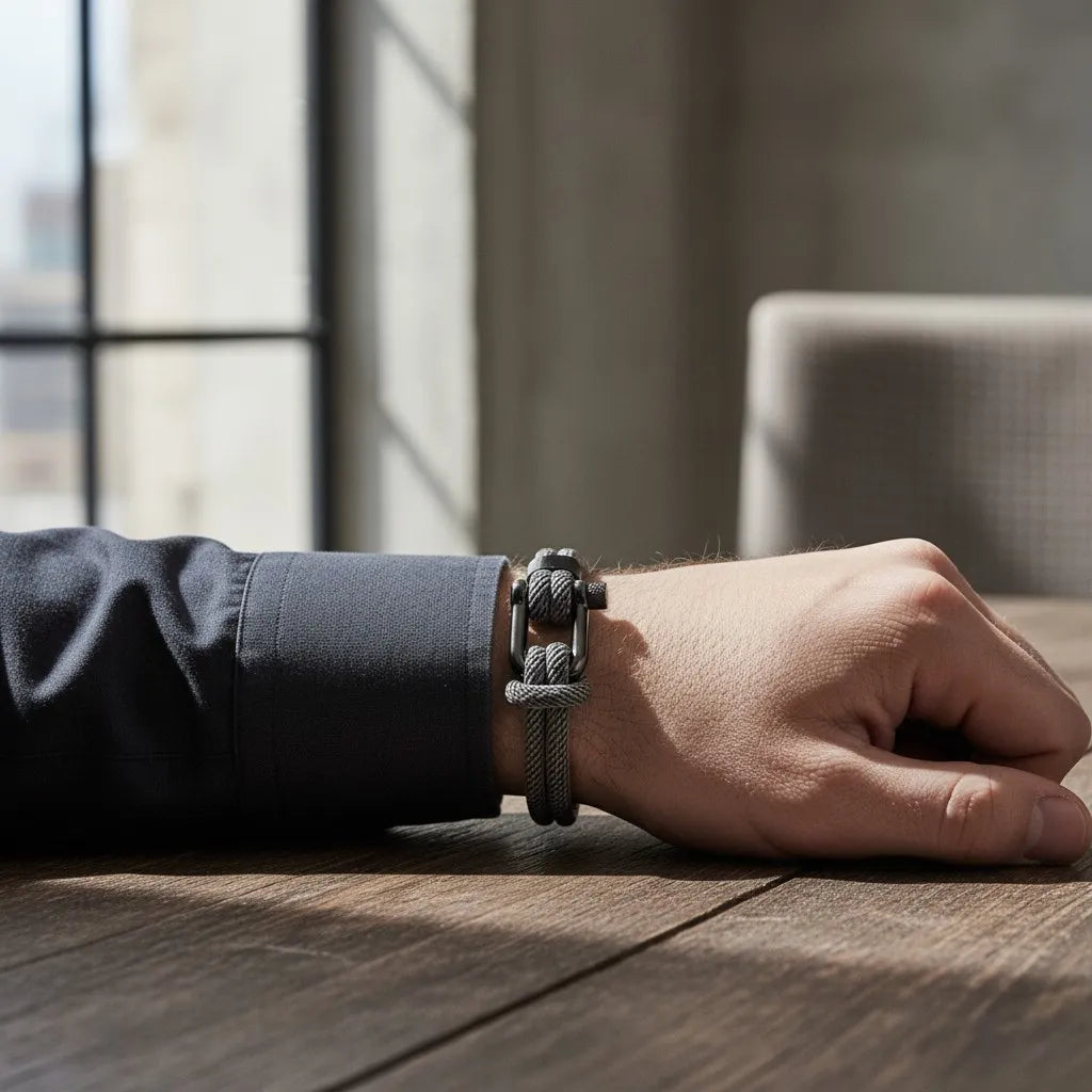 Close de pulseira masculina de corda cinza com fecho preto no pulso apoiado sobre mesa de madeira.