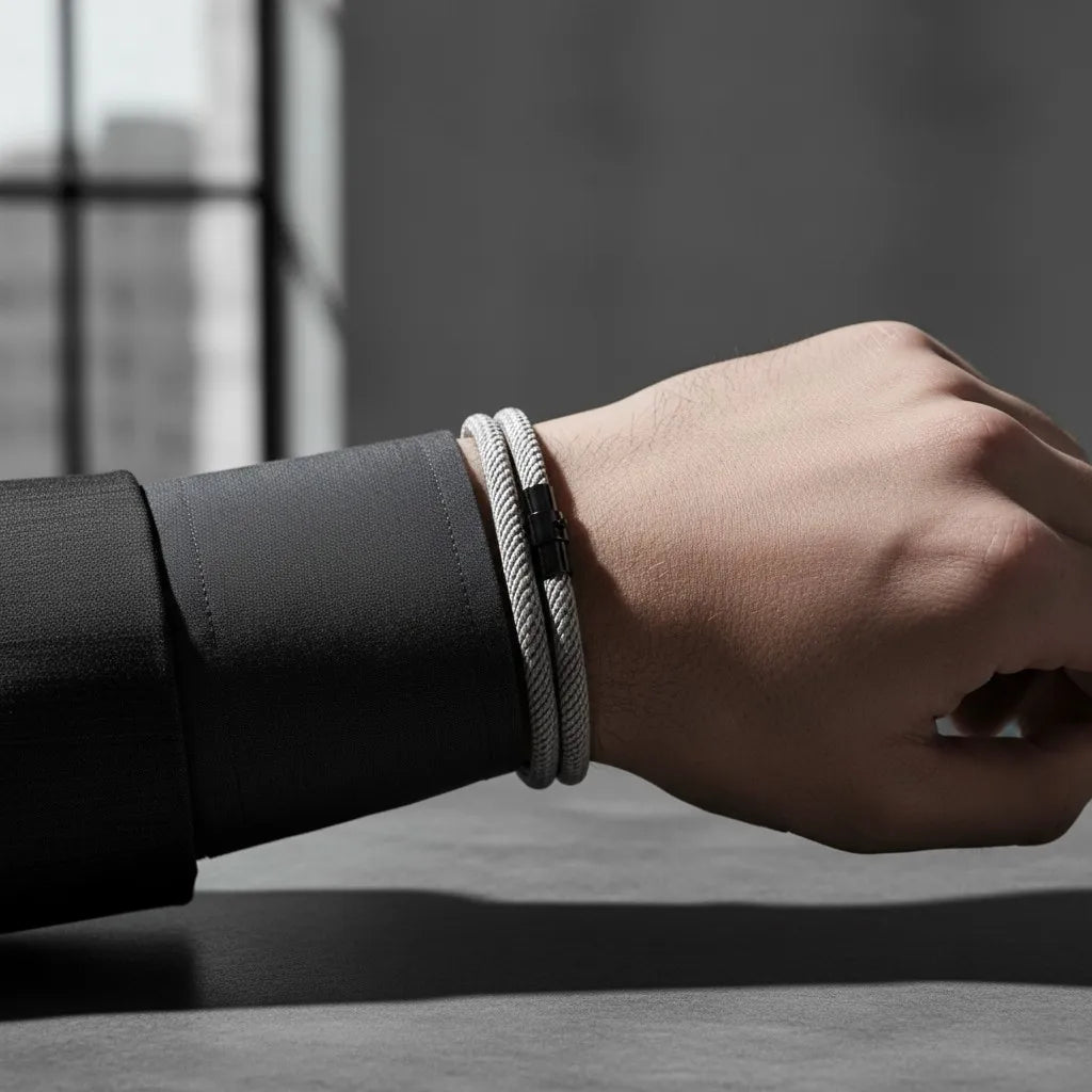Detalhe de pulseira masculina de corda cinza de volta dupla com fecho metálico preto no pulso.