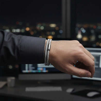 Close de uma pulseira masculina de corda cinza com fecho metálico prateado, usada no pulso em um ambiente de escritório à noite.